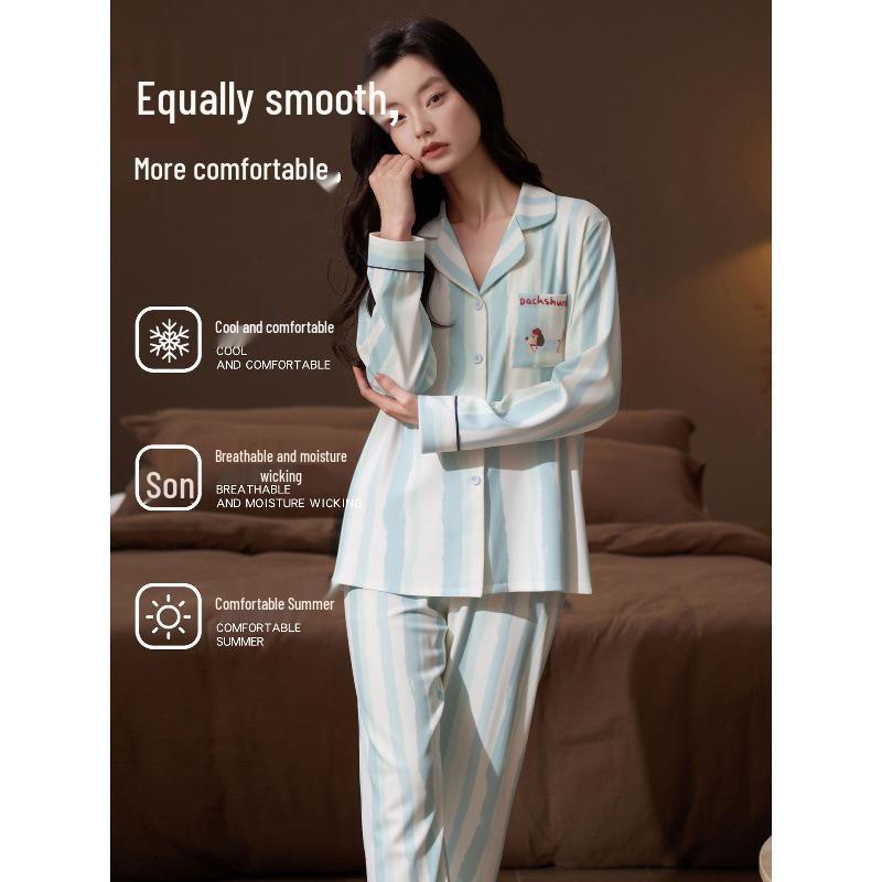 Ice Silk Cool Women’s Long Sleeve Pajama Set with Cute Stripes for Spring and Autumn