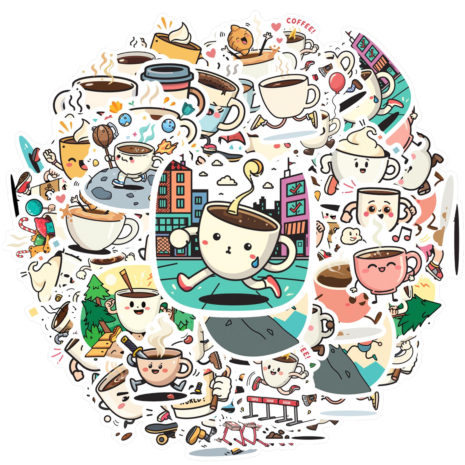 35pcs-100pcs Cartoon Coffee Decals Whimsical Cute Characters Stationery Stickers Cute Stickers For Guitar Laptop Helmet
