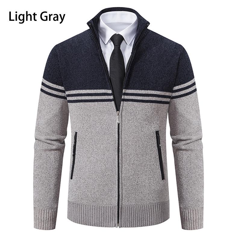 2024 Men's Fleece-Lined Color Block Cardigan Sweater for Autumn/Winter