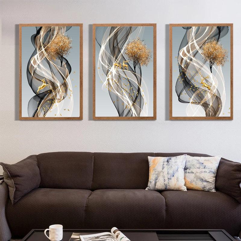 Gold Line Luxury Canvas Painting Nordic Home Decor Wall Art Deer Poster and Print Abstract Minimalist Art for Living Room Design