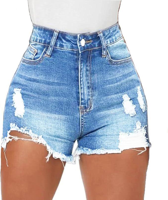 

European & American Style High-Waisted Ripped Denim Shorts for Women - Slim Fit, Raw Hem, Street Style Hot Pants M светло-синий