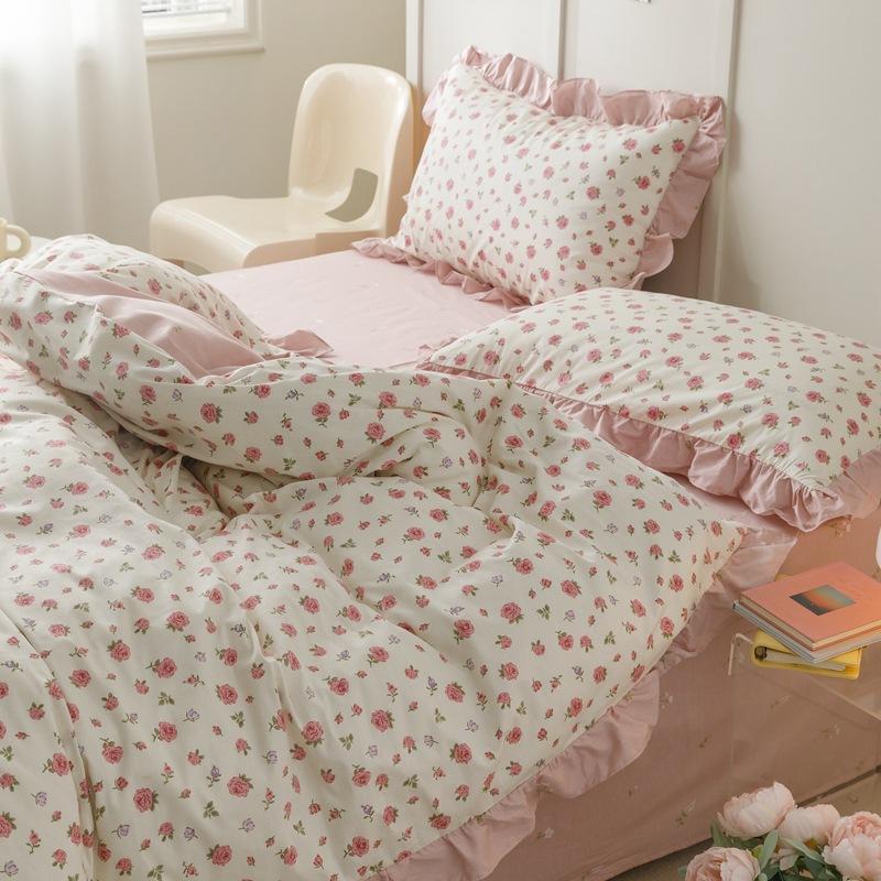 Księżniczka styl kwiatowy czysta bawełna mały świeży czteroczęściowy zestaw koronkowy prześcieradło poszwa na kołdrę prześcieradło z gumką łóżko trzyczęściowa poszwa na kołdrę