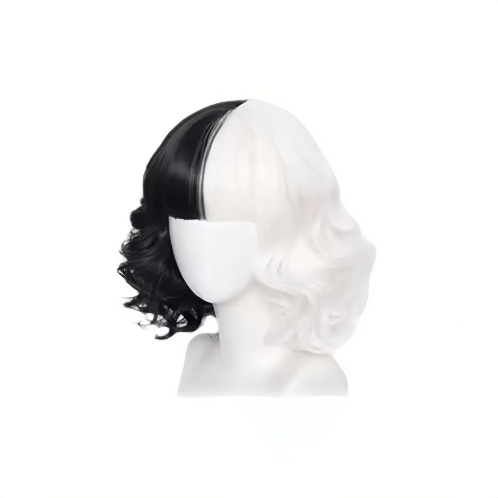 Cruella Schwarzweiß Lockig Kurz Cos Perücke für Damen Halloween Cosplay Synthetische Vollkopfbedeckung Party Kostümzubehör