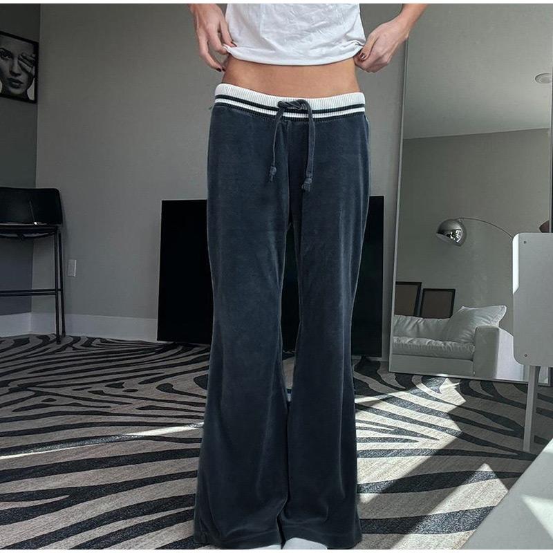 Blue Velvet Casual Pants Streetwear Stitching Straight Trousers Vintage Drawstring Low Rise Loose Women's Pants Basic 2025 Spring Autumn