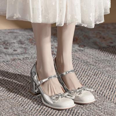 Pearl Bow Silver Round Toe Chunky Heel Mary Jane Shoes Spring Summer Shallow Shoes Fashion High Heeled Footwear