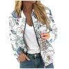 Women Floral Leaf Print Casual Long Sleeve Zipper Jacket Round Neck Fashionable