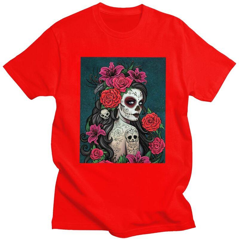 Custom Mexican Catrina Sugar Skull Lady Tshirts for Men Short Sleeve Casual T Shirt Tshirt Pure Cotton Tee Gift
