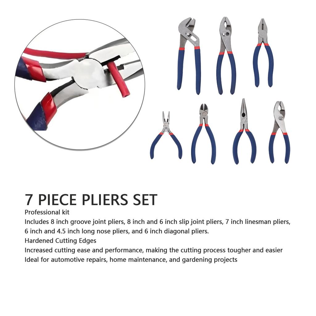 7PCS Pliers Set Includes Groove Joint Slip Joint Linesman Diagonal and Long Nose Pliers Multipurpose Tools for Car Repair