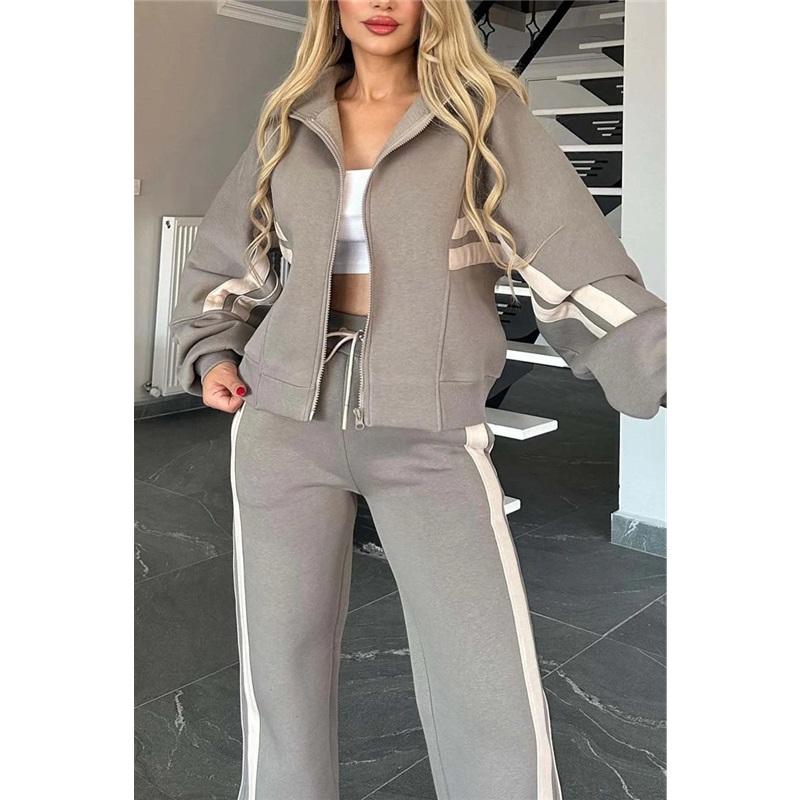 Tuta Sportiva da Donna 2 Pezzi Giacca a Zip Strisciata + Pantaloni a Gamba Larga con Coulisse Striscia Laterale a Contrasto Outfit Sportivo Casual Coordinato