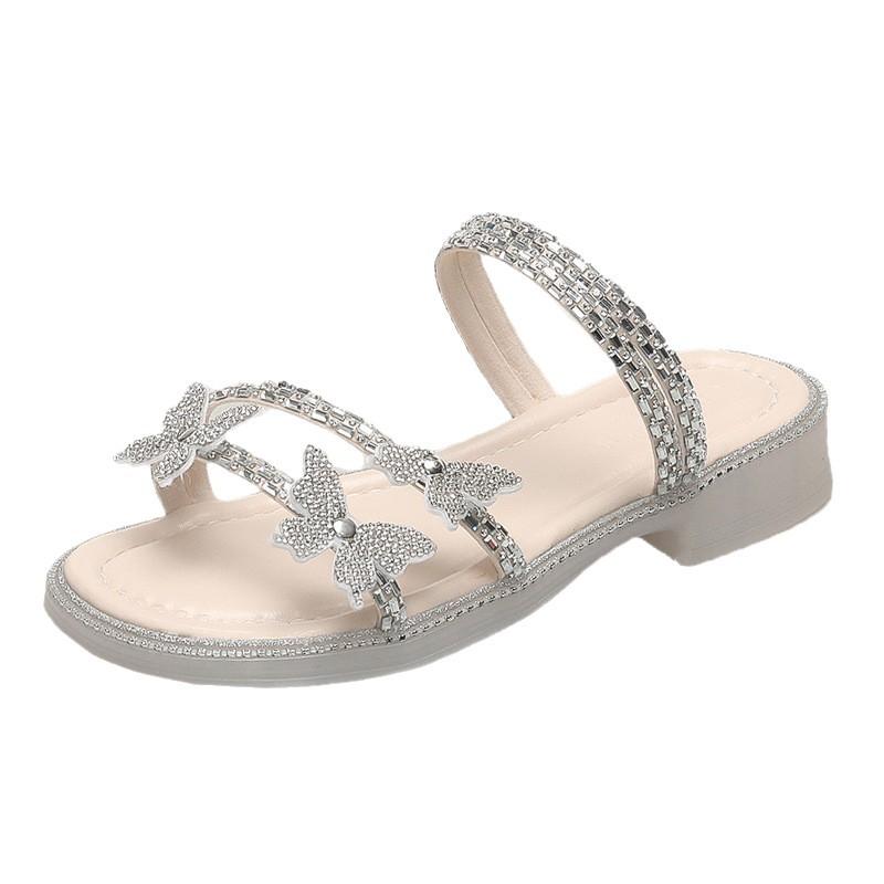 Summer fairy style casual slippers wear spring new fashion high-end slippers beach butterfly rhinestone one-word drag