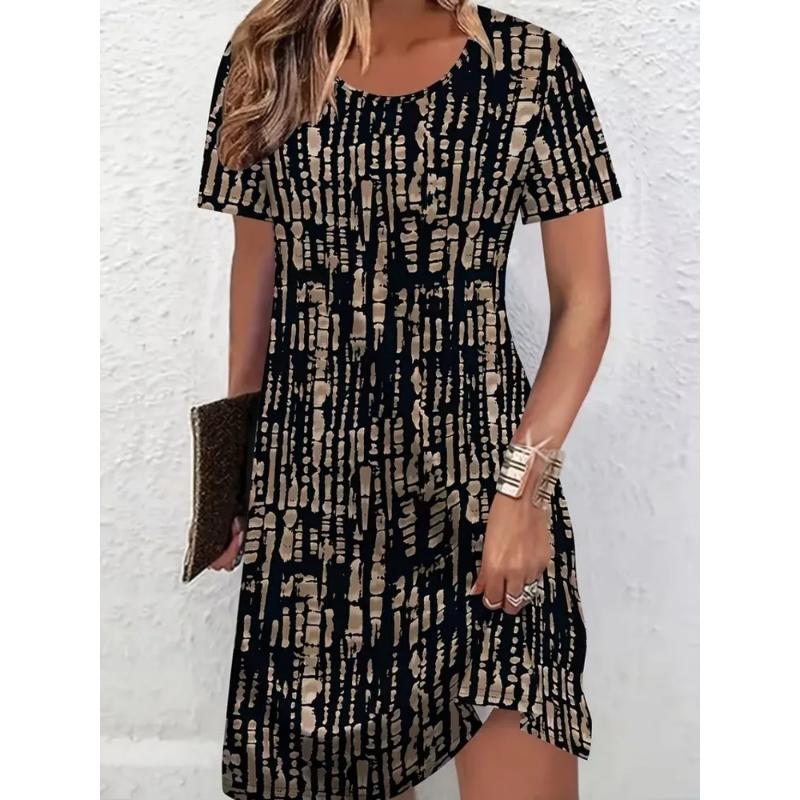 Fashion Women's Crew Neck Dress 3D Casual Color Printing Casual Dress Crew Neck Dress