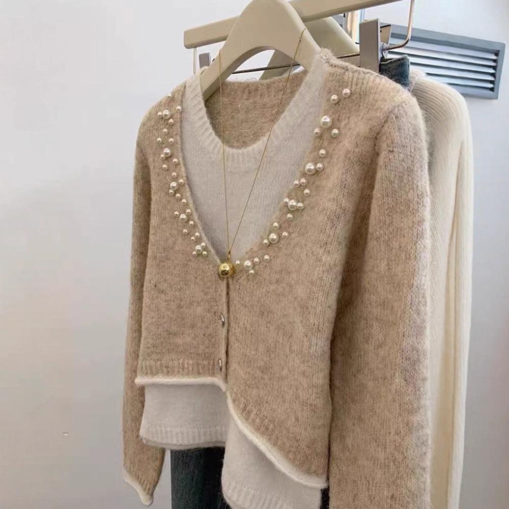 Temperament stacked fake two-piece top women's fashion knitted sweater lazy style high-end design sense niche