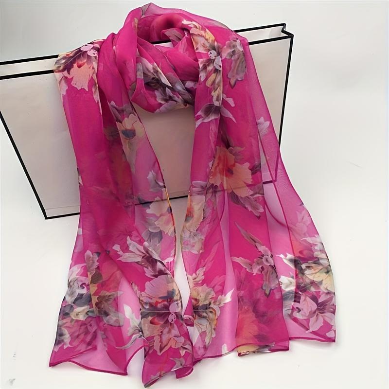 Whimsical Camellia Print Chiffon Scarf - Soft, Breathable & Versatile Shawl for Women - Perfect for All Seasons, Polyester Fiber, Elegant Accessory