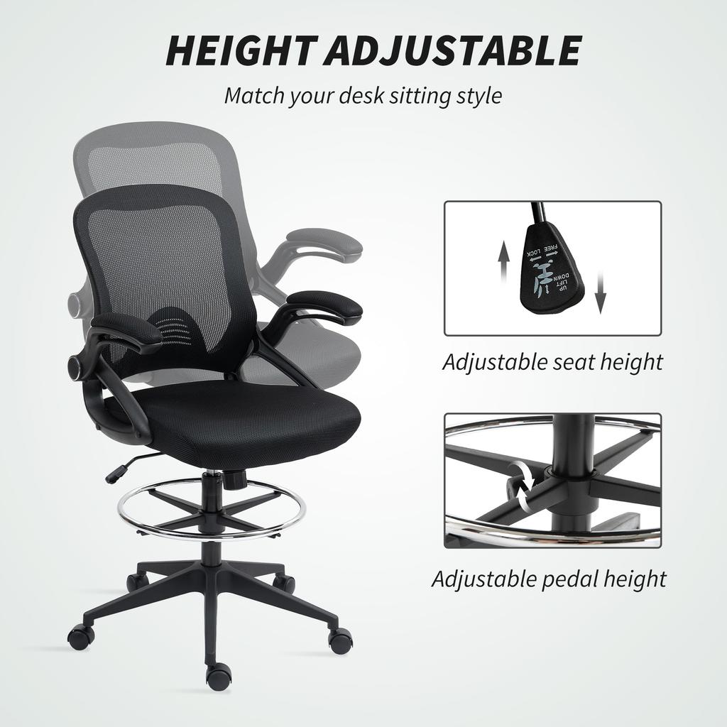 Drafting Chair with Flip-up Armrest, Mesh Office Stool with Foot Ring, 360 Degree Swivel Height Adjustable Chair for Standing Desk, Black