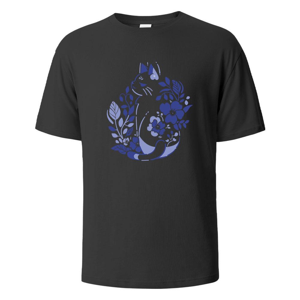 Mens Printed TShirt Blue And White Porcelain Cat Graphic 100Cotton Oneck Shortsleeved Tees For Men Women Summer Fashion Tops
