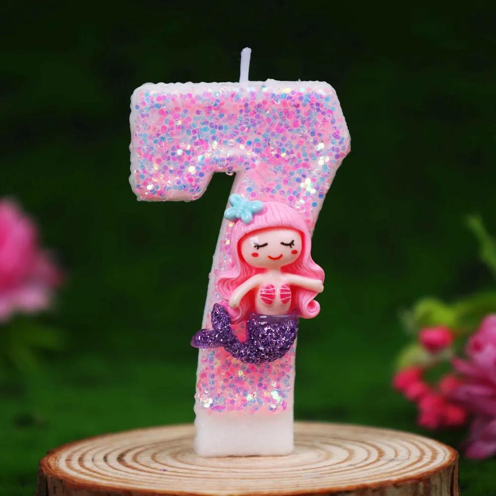Birthday Number Candle 0-9 for Cake Decoration Children Party Supplies Baking Accessories Glitter Detail Design with Mermaid Figurine