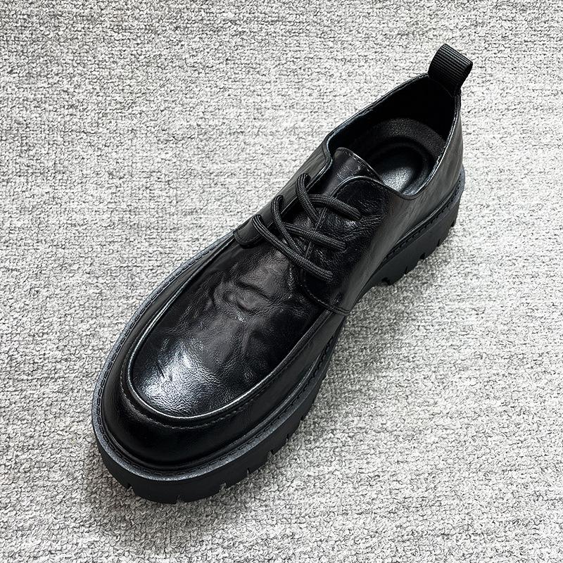 2025 spring new men's casual business platform heightening big head leather shoes men's black lace-up leather derby shoes