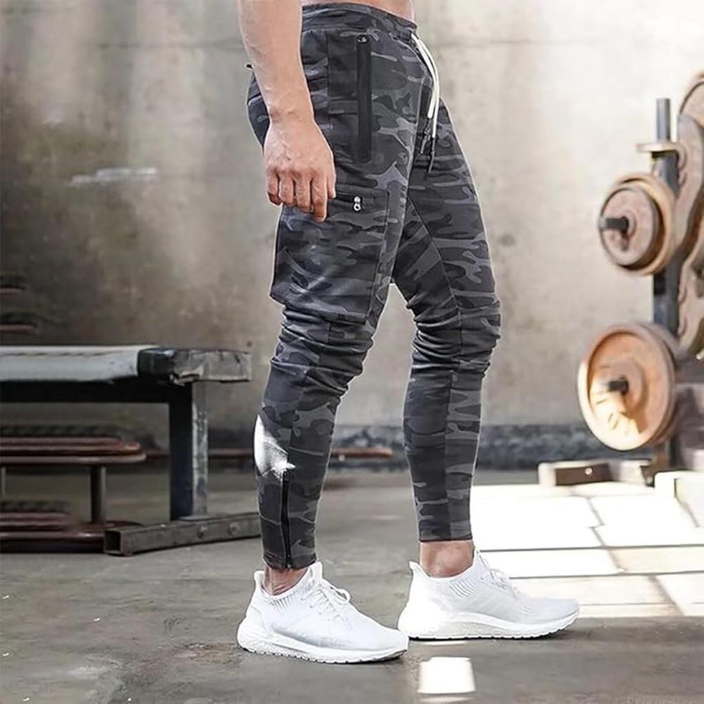 [Mechieng] Men's Jogger Pants, Training Wear, Multi-Pocket, Strength Training, Fitness Pants, Slim Fit, Cotton, Gym Wear, Camouflage Gray, 2XL