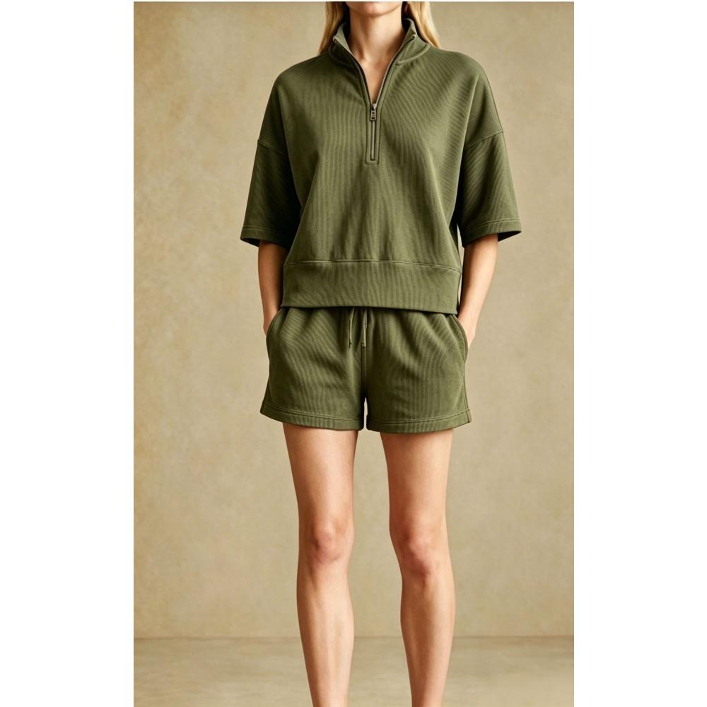 Women's Loose Tracksuit Half Zip Short Sleeve Sweatshirt Drawstring Waist Shorts