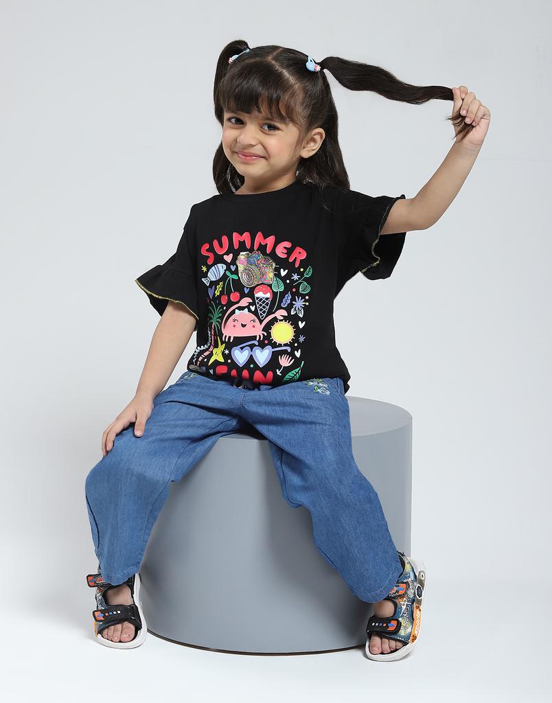 Monte Carlo Girls Printed Round Neck Half Sleeve Top