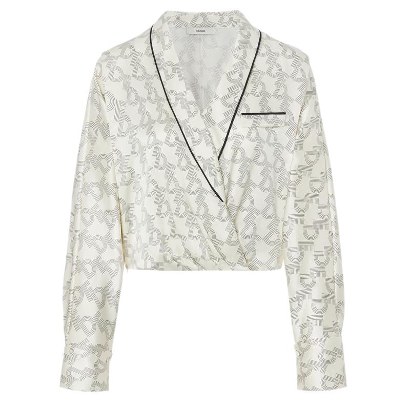 Edition Silk Print Notched Lapel Short Pleated Blouse S