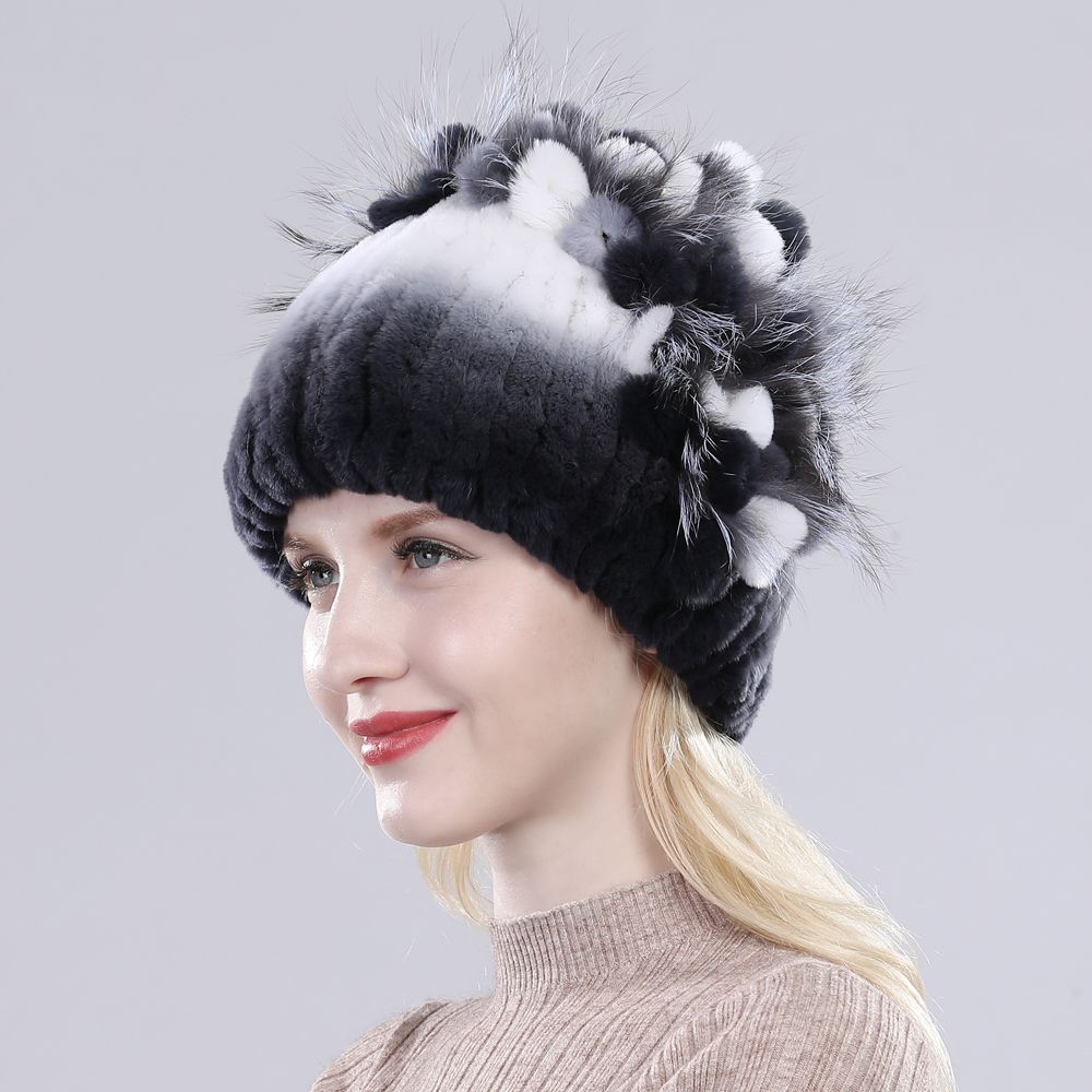 Outdoor Winter Warm Real Fur Beanies Hat Rabbit Fur Cap Knitted Real Rex Rabbit Fur Hats Elastic
