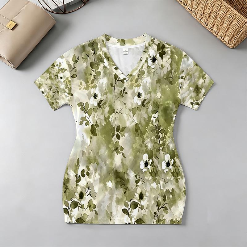 Short Sleeve Floral V-Neck Bodycon Dress, Soft Fabric, Sweet Cool Style – Perfect for Beach Vacation, Daily Casual, Afternoon Tea, Versatile Chic.