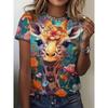 Modisches Damen Rundhals Kurzarm 3D Tier Farbdruck Tier Kurzarm Rundhals T-Shirt