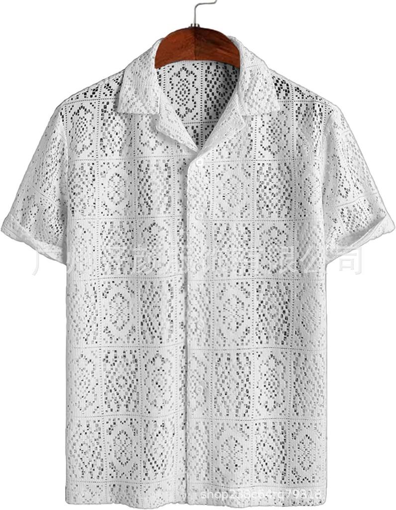 Men's Mesh Hollow-Out Short Sleeve Casual Button Shirt - Summer See-Through Twist Design