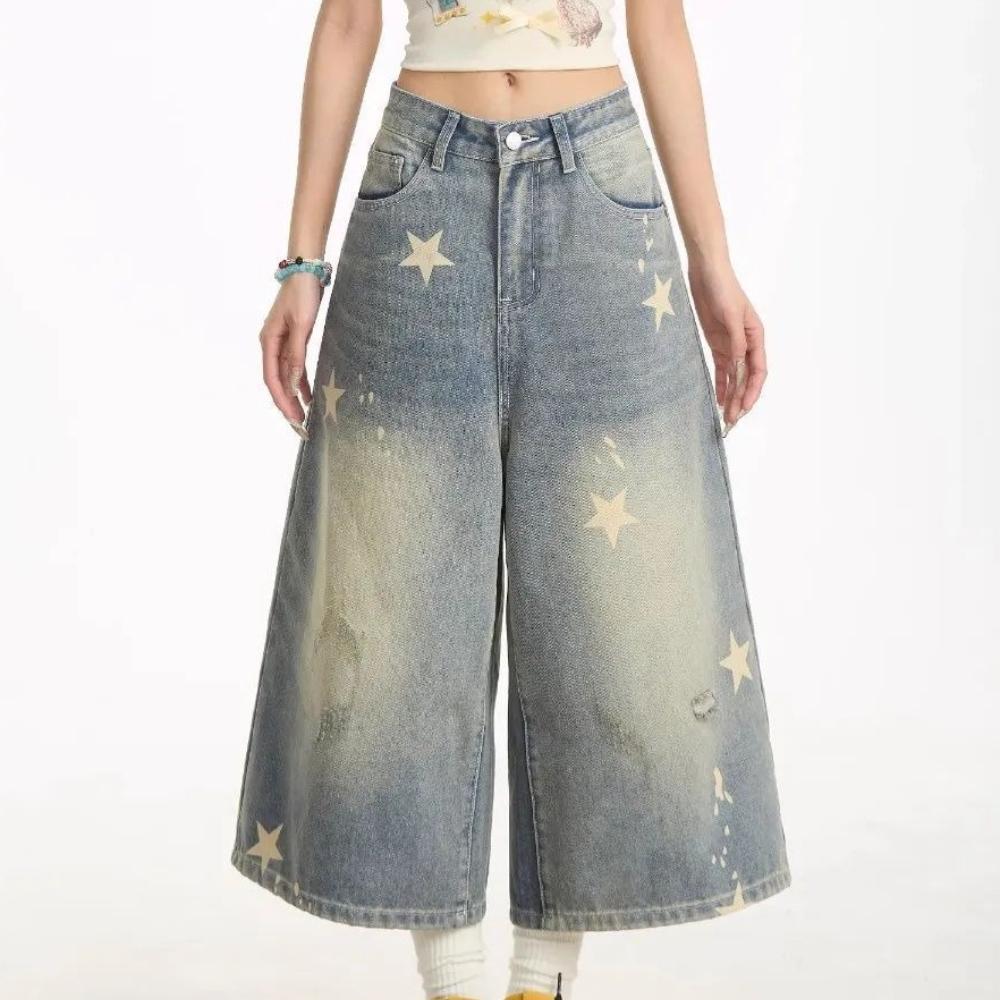 women s High Waisted Star Print Cropped Jeans Loose Wide Leg Retro Washed Denim Culottes S синий