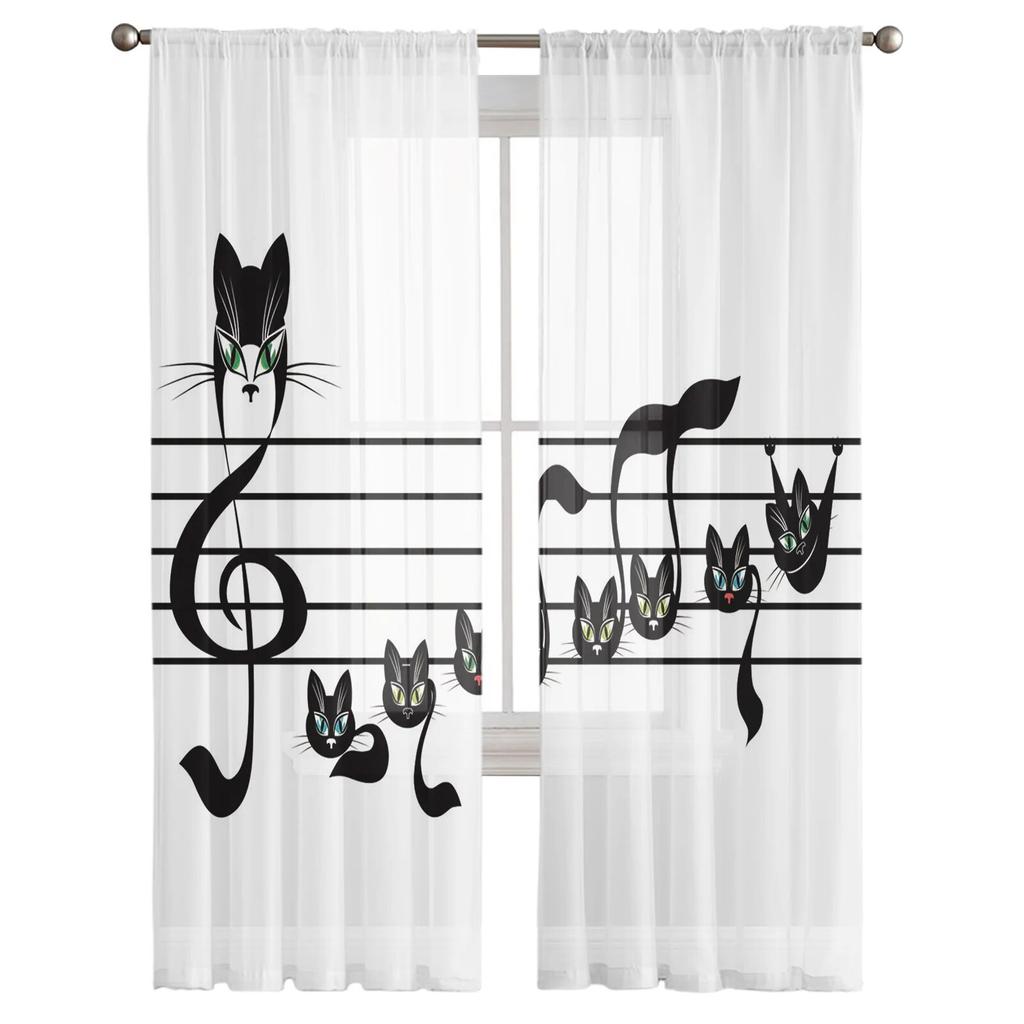 Kočičí hudební nota Hůlový tyl Závěsy do obývacího pokoje Ložnice Šifon Průsvitný voál Závěs na kuchyňské okno