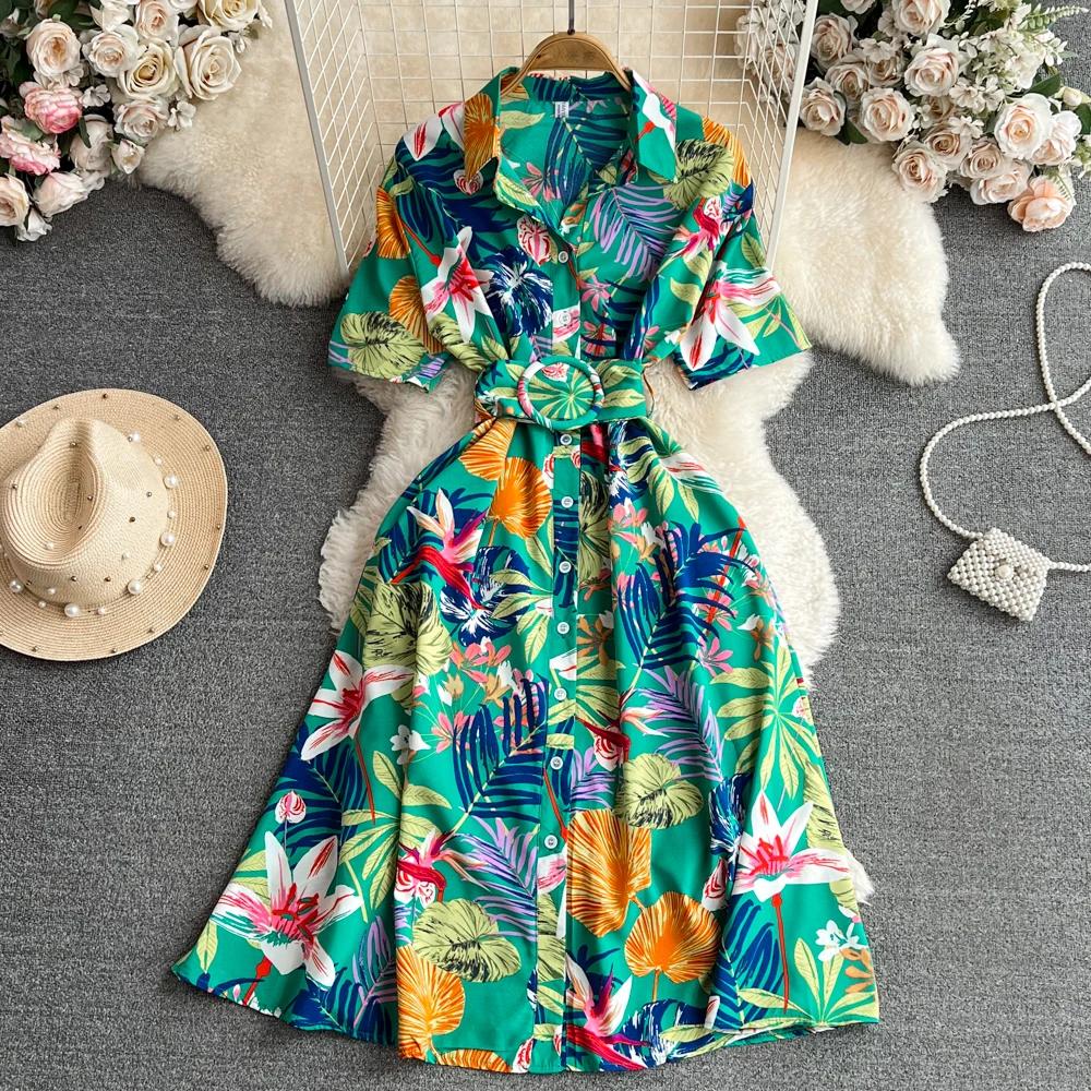 New Summer Women Dress Fashion Print Floral A-line Shirt Dress with Belt Elegant Vintage Off Lady Dress Casual Dresses