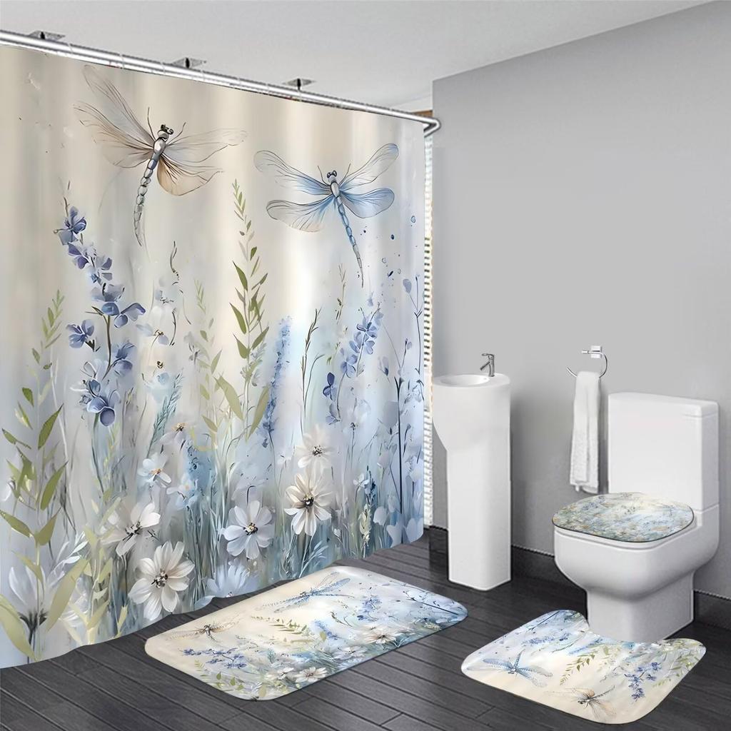 4Pcs Shower Curtain Set with Non-Slip Bath Mat, Toilet Lid Cover, Contour Rug & 12 Hooks, Bathroom