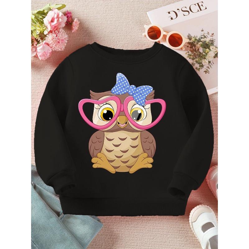 Kids Sweatshirt , Round Neck Sweatshirt Spring Autumn Cartoon Owl Big-Eyed Heart Glasses Bow Cute Print Casual Sweatshirt