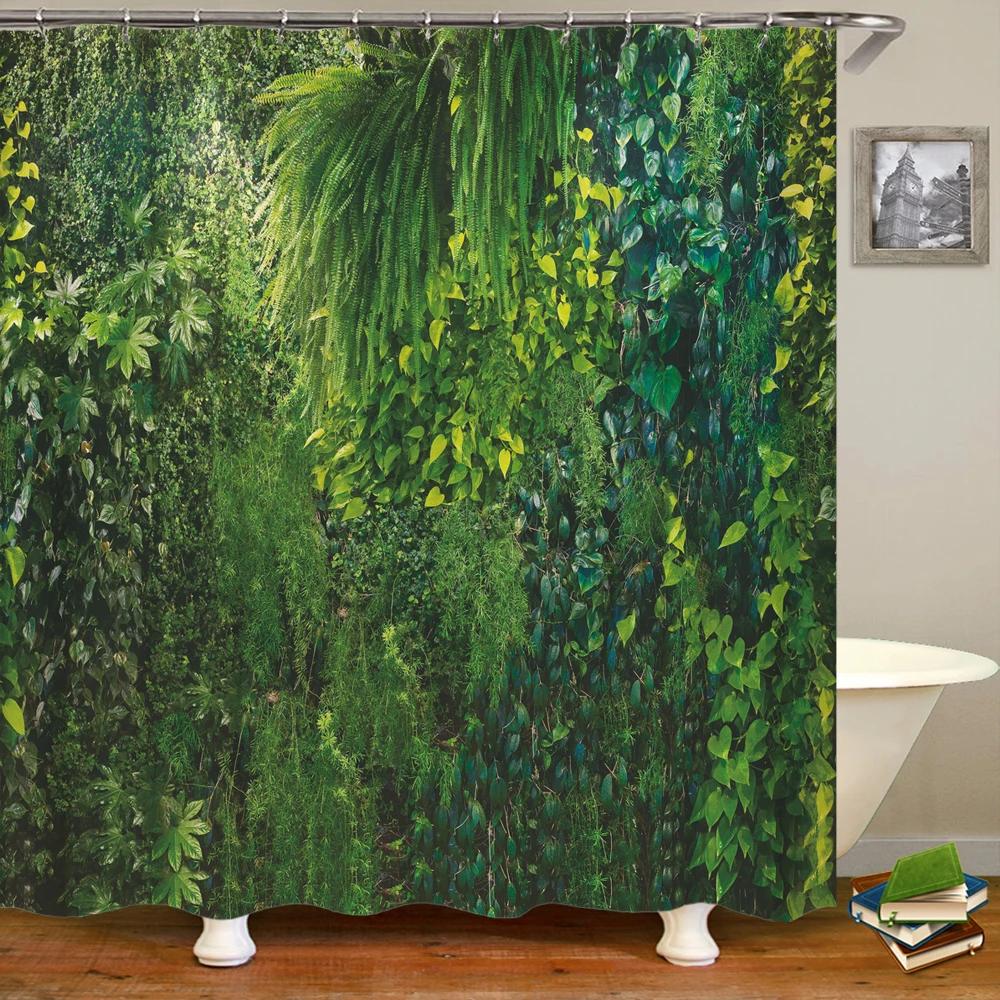 Variety of Various Green Plant Grass Lawn Leaf 3D Printing Shower Curtain Polyester Waterproof Home Decoration Curtain with Hook