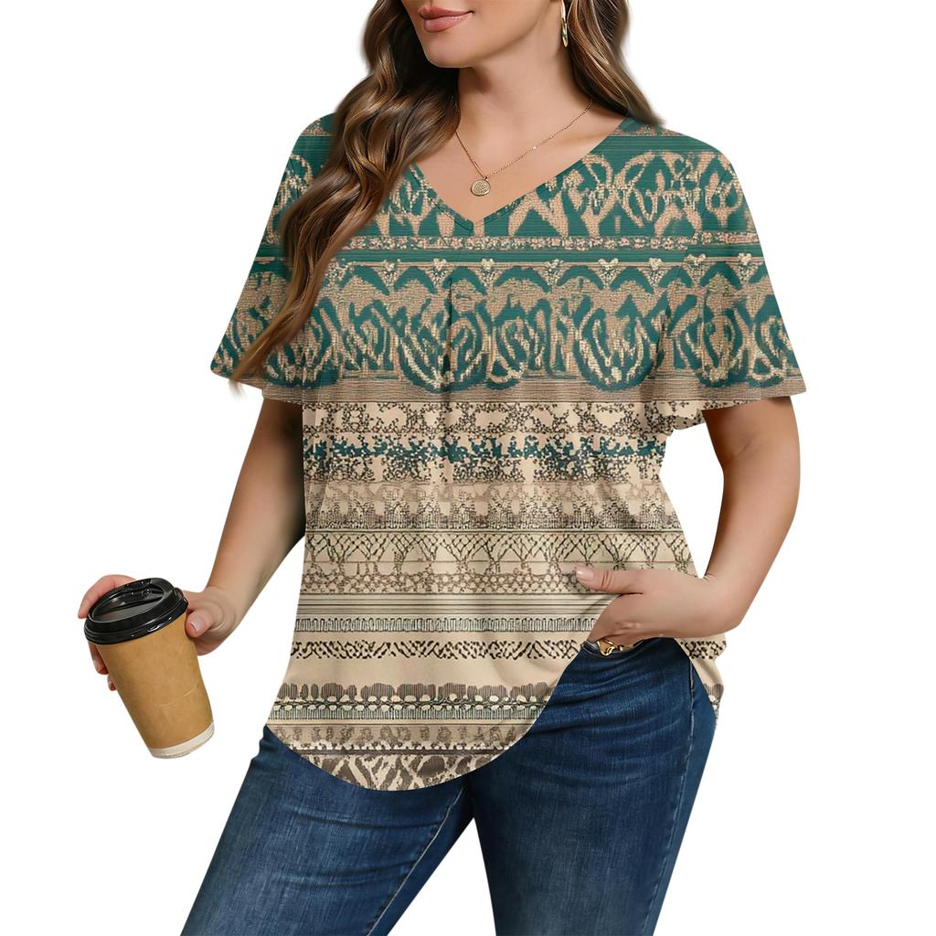 Women's Plus Size Fashionable Casual Loose-Fit Short Sleeve Elegant V Neck Blouse For Work