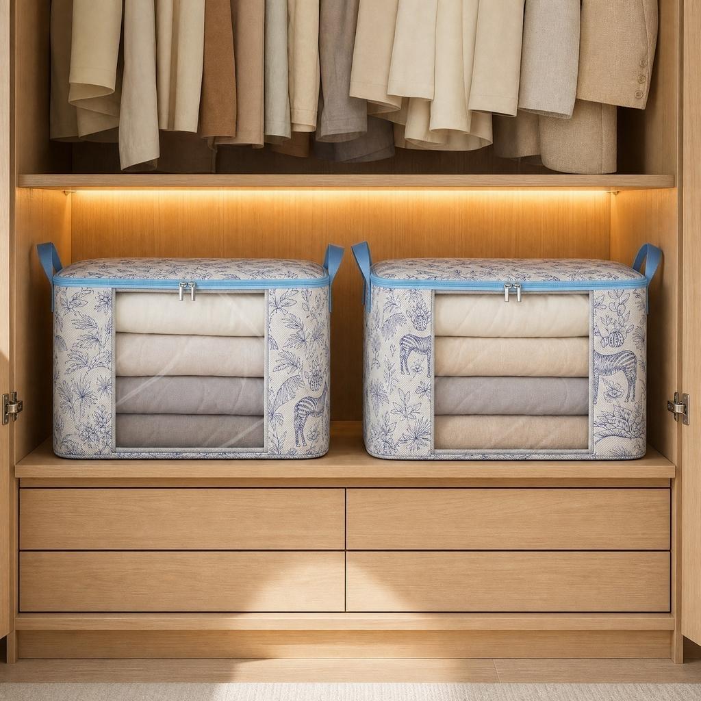 Non Woven Fabric Storage Bag with Transparent Window Zipper Closure Portable Handle Organizer for Clothes Bedding and Household Items