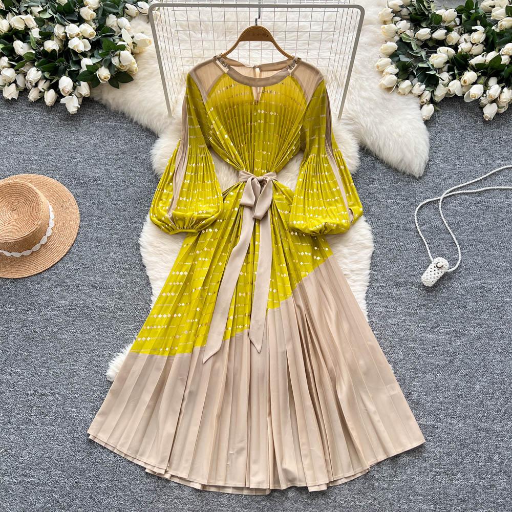 Vintage Elegant Spliced print slim Dress Korean Fashion Long dress hotsweet Women Fashion Dresses