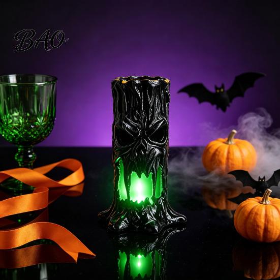 LED Lighted Horror Ornaments Halloween Tree Stump Skull Candle Holder, Spooky Face Tabletop Decor, Hollow Scary Holders Tealight Holder for Electronic