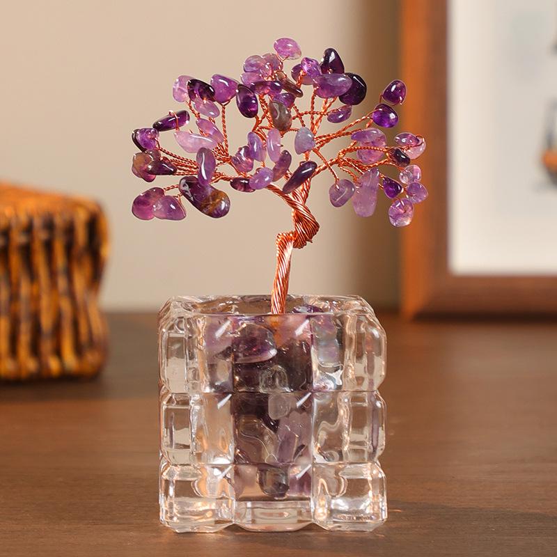 Natural Crystal Money Tree Handmade Epoxy Crystal Ornament Wealth-attracting Business Gift for Office Home Desktop Decoration (Amethyst,Transparent square bowl money tree) аметист