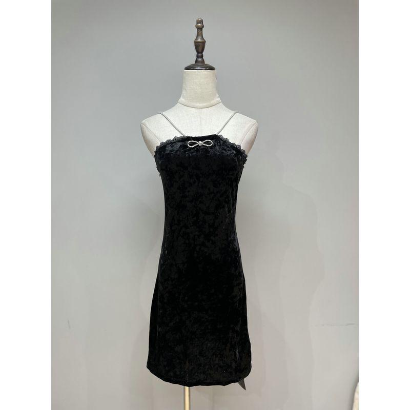 

Sweet Sexy Velvet Rhinestone Bows Slim Lace Stitching Pleuche Dress Black L