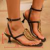 Fashion Women Sandals Large Size Metal Buckle Sandals Summer New Thin High Heel Square Head Toe Clip Slippers Fashion Outdoor Shoes