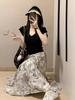 Plus Size Summer Outfit: V-neck Short-sleeve Tee & Ink Painting Skirt Set
