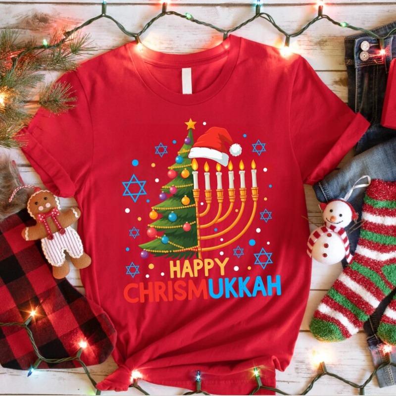 Happy Chrismukkah Tshirt Hanukkah Christmas Menorah Tree Tees Retro Fashion Xmas Casual Wear High Quality Men Woman Cotton Shirt