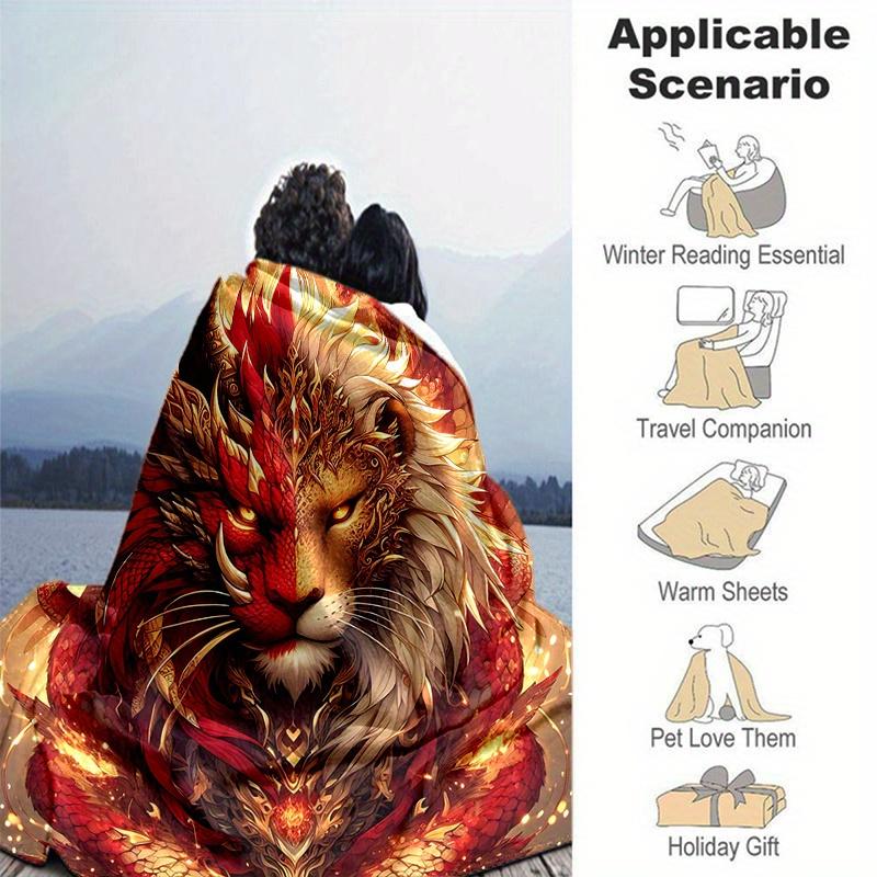 1pc Golden Lion of Fire Cartoon Blanket Soft Throw for Home Decor, Gift Idea, Living Room, Travel, Camping, Car Blankets
