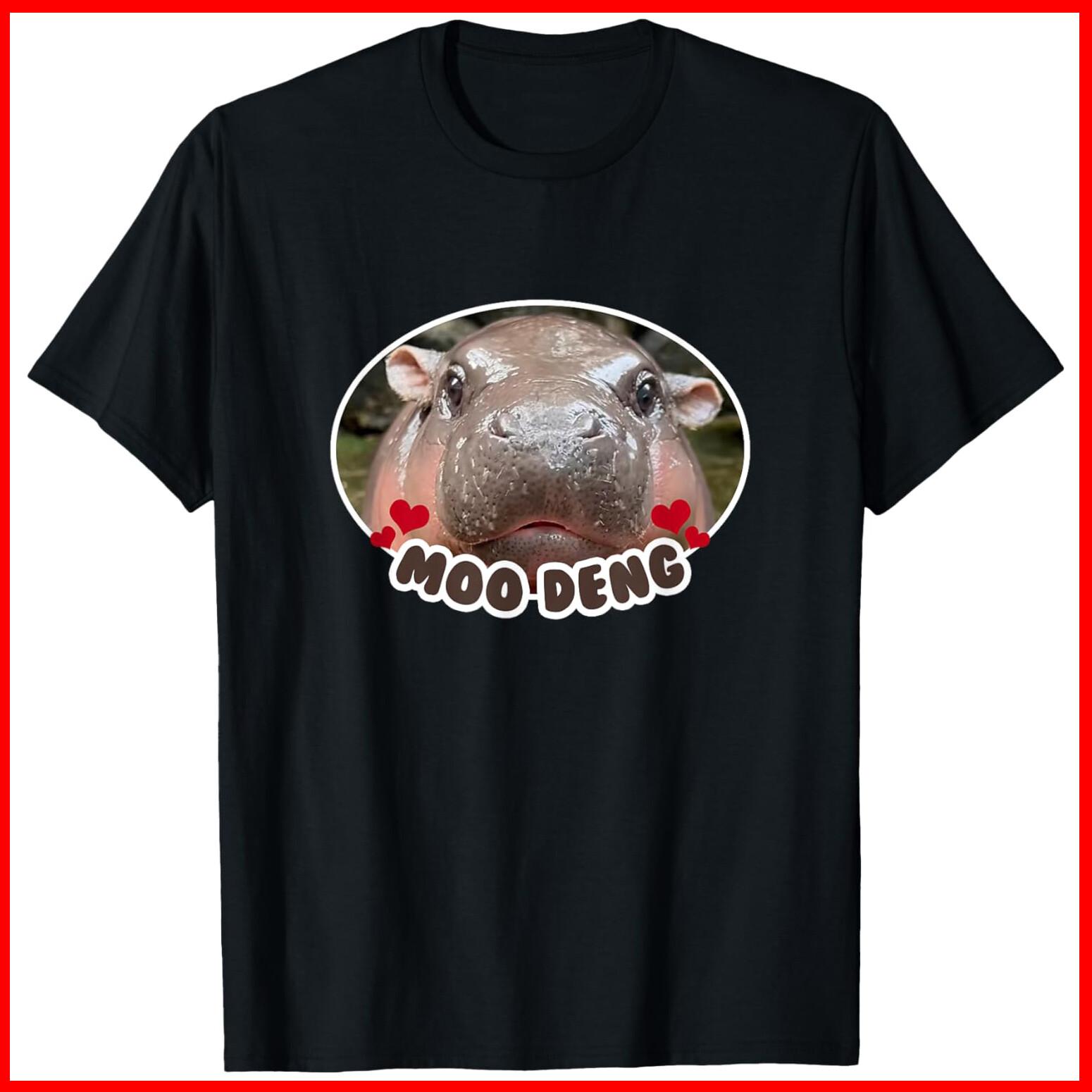 Moo Deng Bouncy Pig in Thai Picture The Cute Baby Hippo Black Cotton T-Shirt XXL