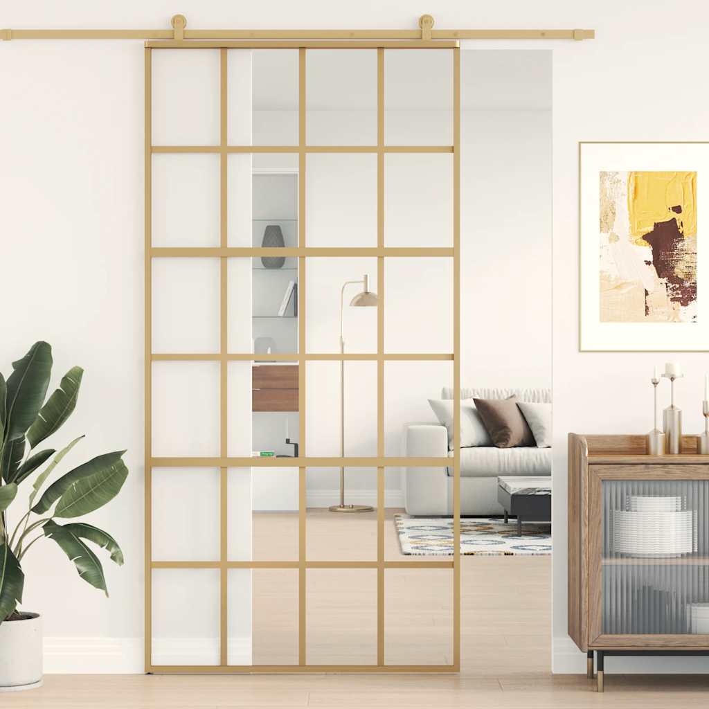Sliding Door Golden 102.5x205 Cm Clear Tempered Glass and Aluminum