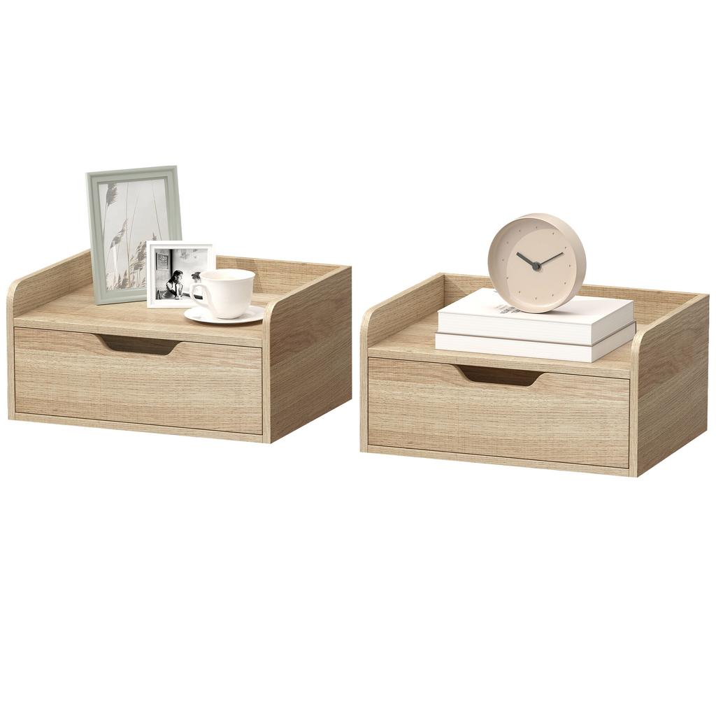 Set of 2 Wall-Mounted Nightstands, Drawer, Raised-Edge Top, 40x30x19.5 cm, Natural Wood