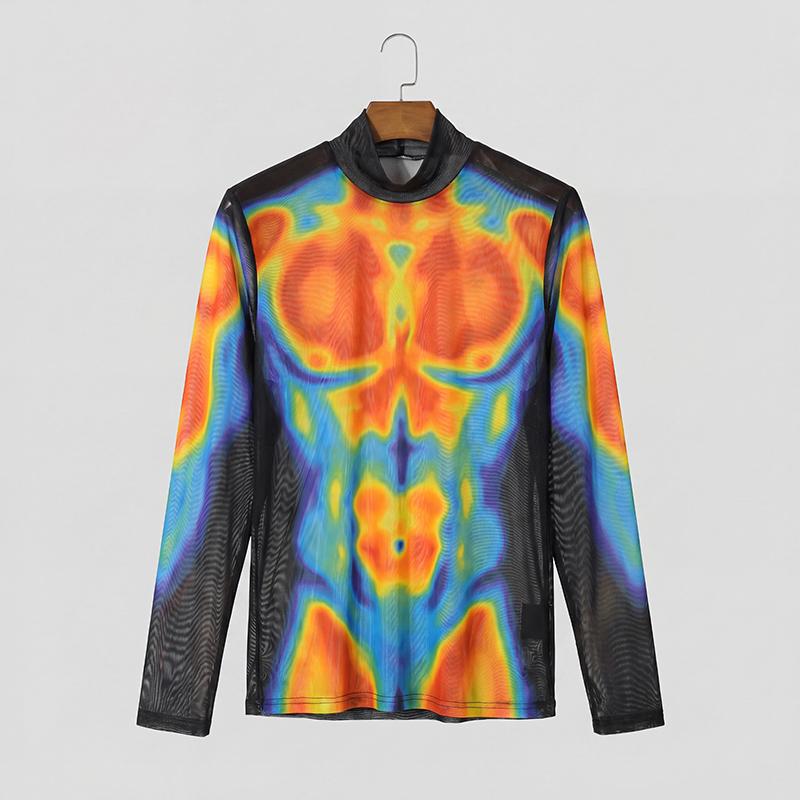 INCERUN Men Long Sleeve Mesh Sheer See Through Print Party Fitted T-shirts Tops