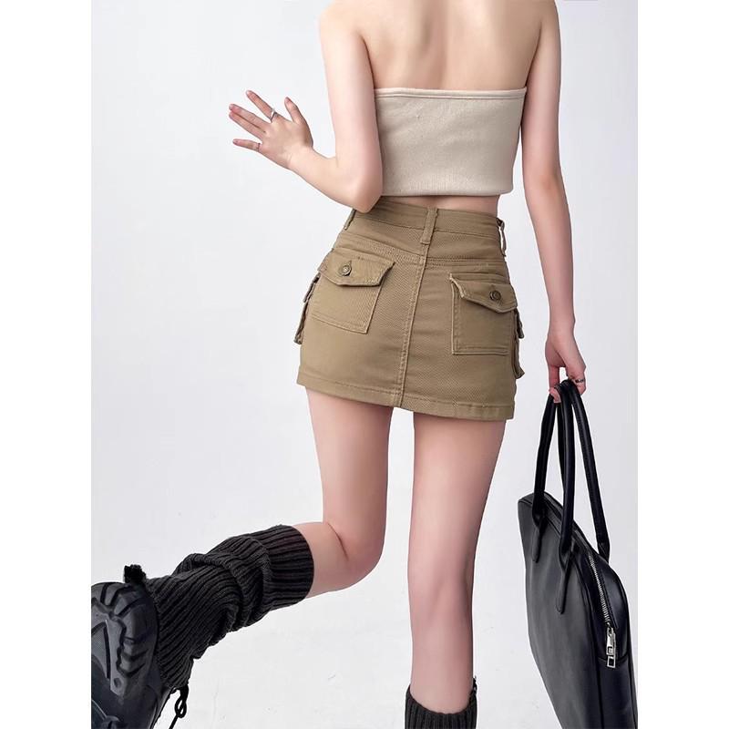 Petite High-Waisted Khaki Denim Midi Skirt - Slim Fit A-Line, Hip-Hugging & Anti-Exposure